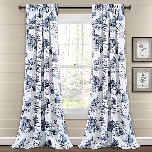 Lush Decor French Country Toile - Par de paneles de cortinas para ventana con filtro de luz, 52 pulgadas de ancho x 84 pulgadas de largo, color azul