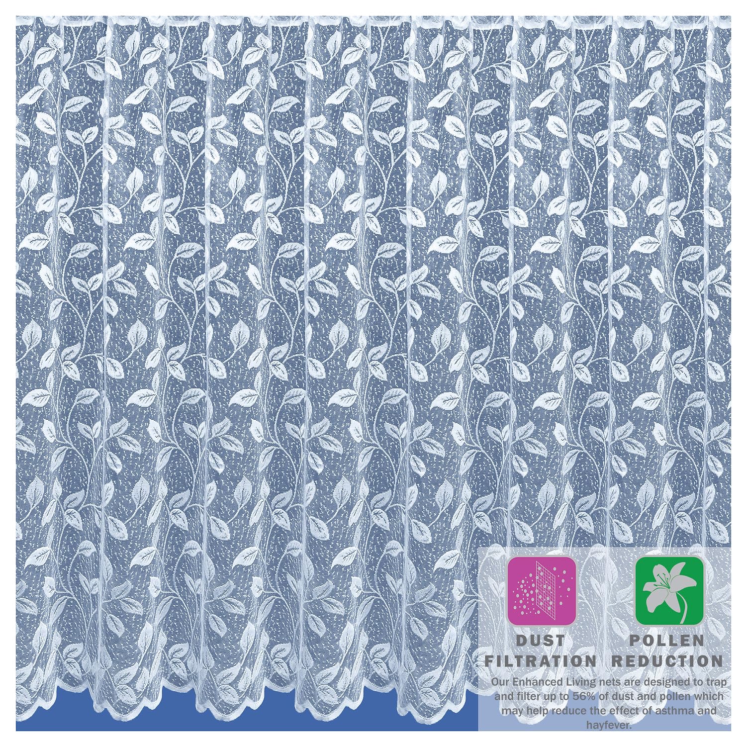 Tyrone Textiles Jersey Leaf White Sheer Net Curtain – All Over Leaf Lace Design with Dust & Pollen Filtration – Rod Slot Top – Width 4m / Drop 48" (122cm) – Lightweight Privacy Window Net Curtain