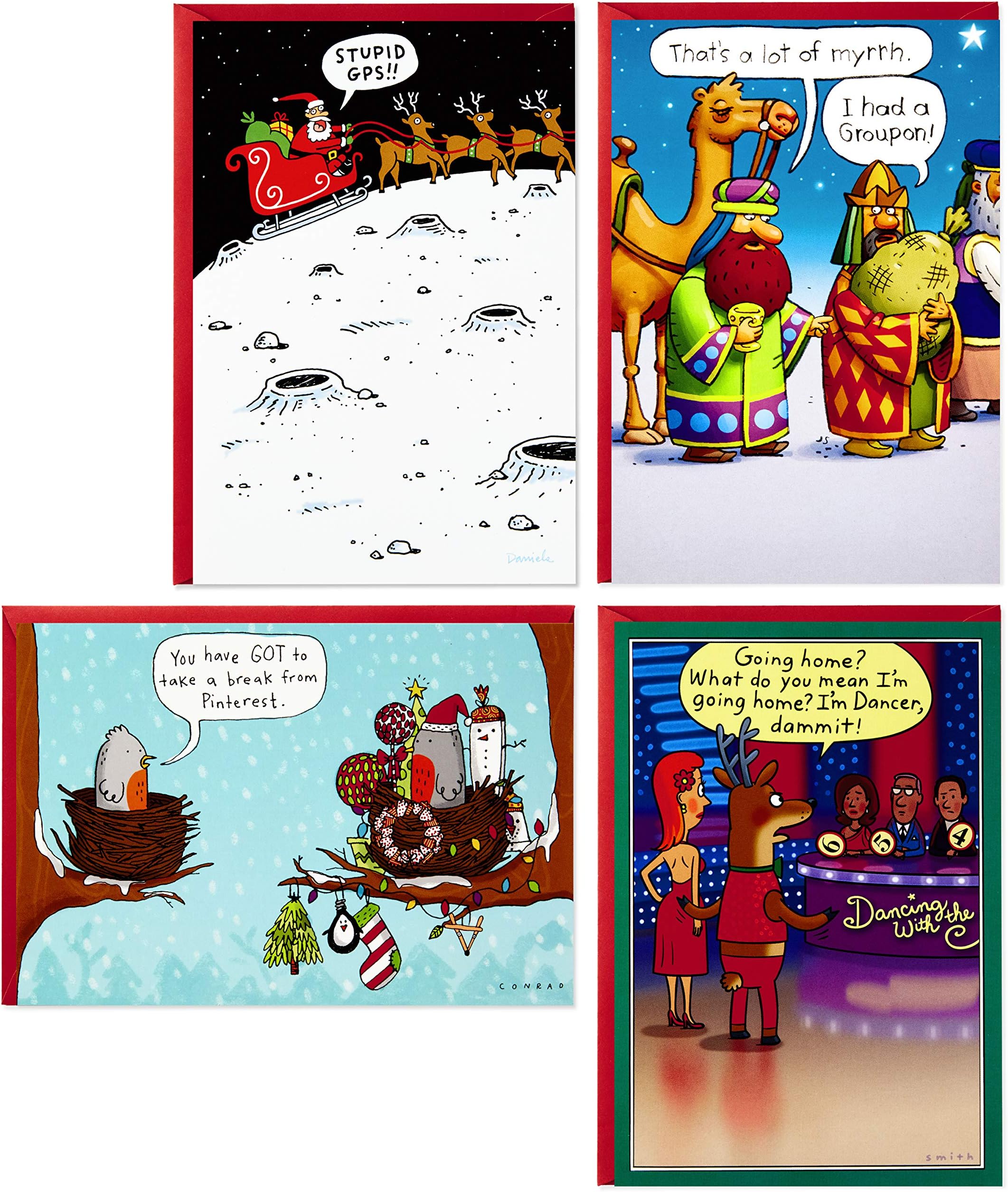 Shoebox Funny Christmas Boxed Cards Assortment, Cartoons (4 Designs, 24 Christmas Cards with Envelopes)