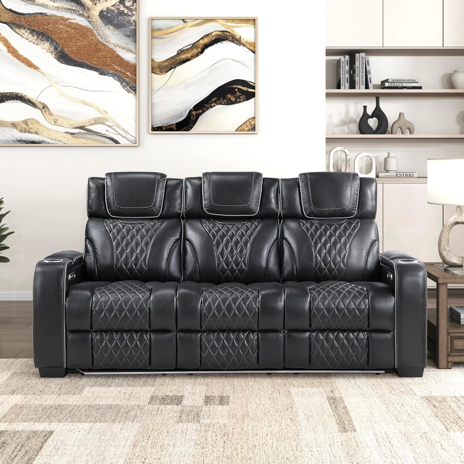Lexicon Power Double Reclining Sofa, Center Drop-Down Table with Heat/Massage/Headrest/Storage Arms/Cup Holders/LED Lights/Wireless Charging, Top Grain Leather Match Wall Hugger Recliner Sofa, Black