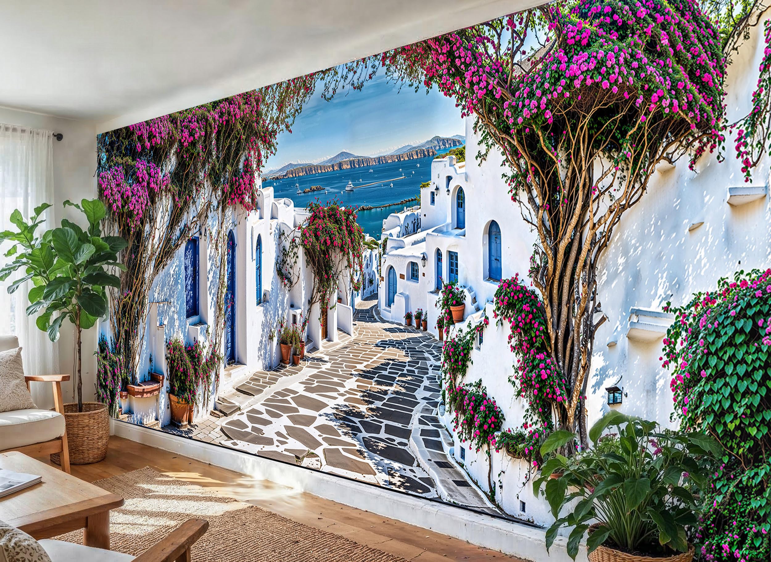 Santorini Greece Garden Mural, Mediterranean Wall Art, Waterproof Mural Outdoor Wall Hanging, Garden Curtain & Outdoor Tapestry for Fence Decoration and Patio Wall Decor (W400cm x H180cm)