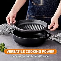 Vista 6 de Sartén de hierro fundido esmaltado 2 en 1 con tapa de parrilla de 3.3 cuartos de galón, sartén antiadherente, cacerola de cocina con mango ancho