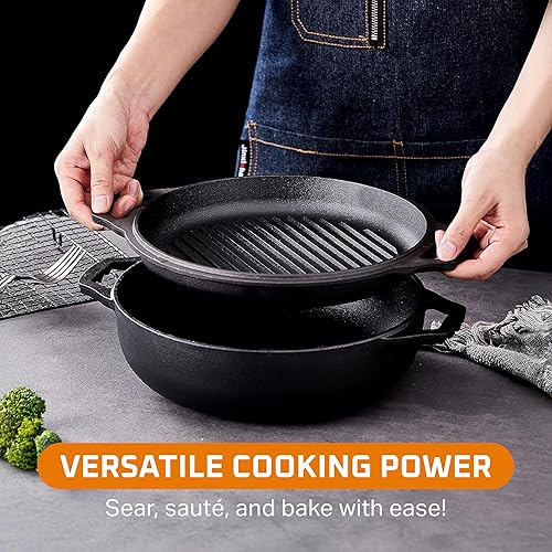 Miniatura 6 de Bruntmor Horno holandés de hierro fundido presazonado 2 en 1 con asas dobles, sartén doble cocotte con tapa de parrilla de 3.3 cuartos - parrilla de