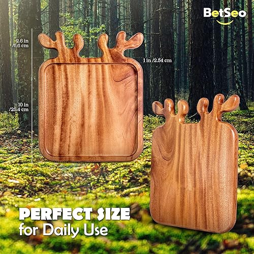 Miniatura 2 de Plato de madera maciza con asas de cornamenta (cuadrado de 10 pulgadas, juego de 2) organizador de platos decorativos, bandeja de alimentos