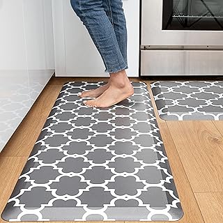 Kitchen Mat and Rugs 2 PCS, Cushioned 1/2 Inch Thick Anti Fatigue Waterproof Comfort Standing Desk/ Kitchen Floor Mat with Non-Skid & Washable for Home, Office, Sink - Grey