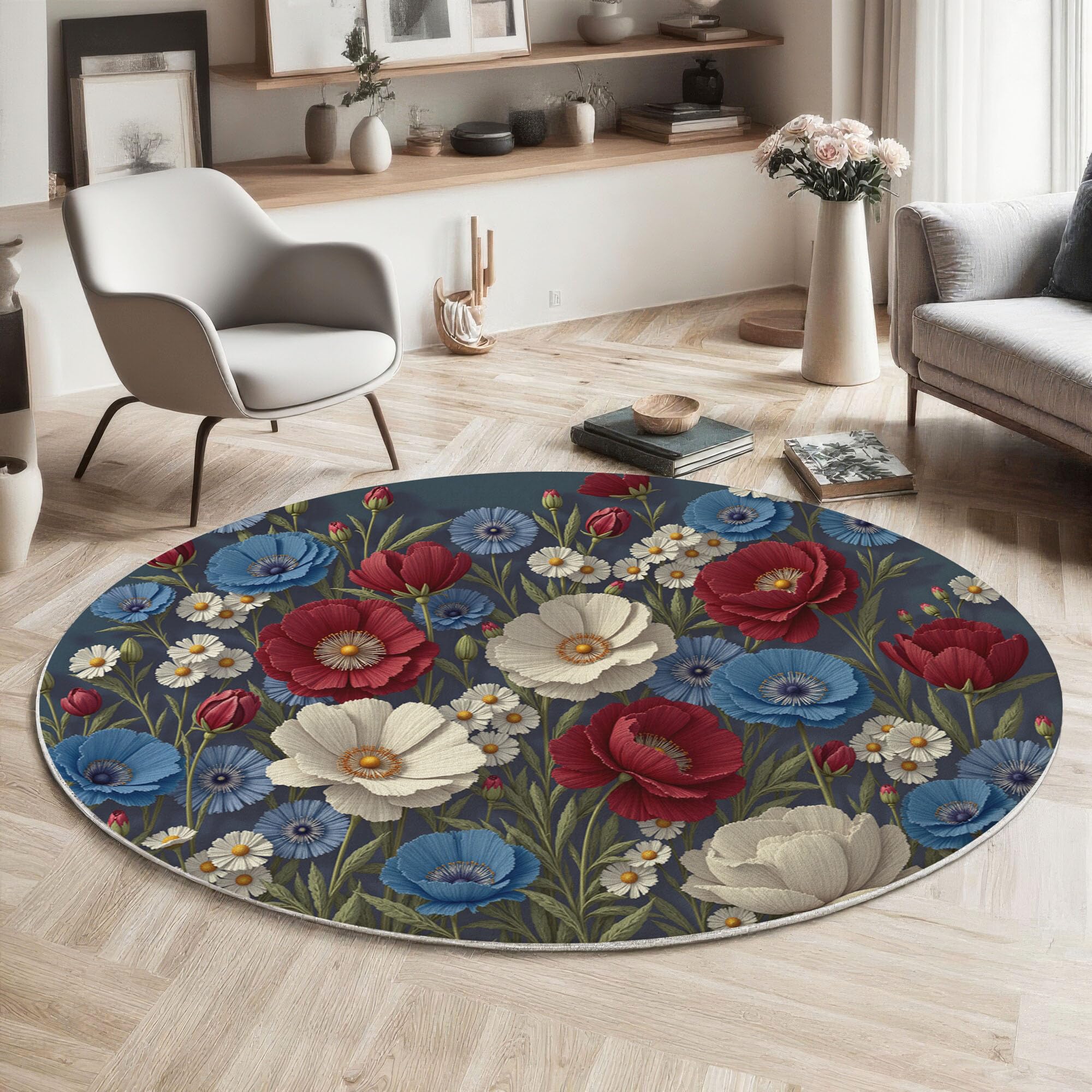 Tapis rond coquelicot rouge bleu 180cm lavable pour salon et chambre