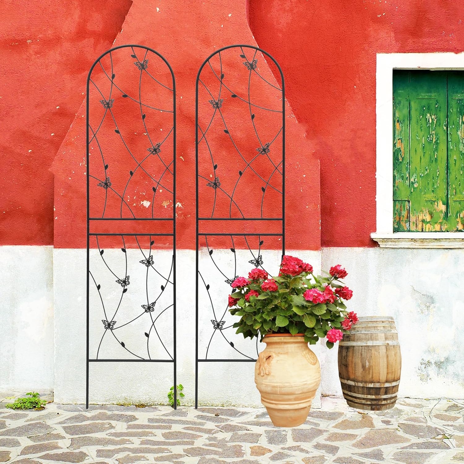 2-Pack Metal Garden Trellis for Climbing Plants Outdoor, 86.7" Tall Rustproof Galvanized Steel Trellis with Butterfly Decor, Easy Assemble Plant Support for Roses Vines Flowers