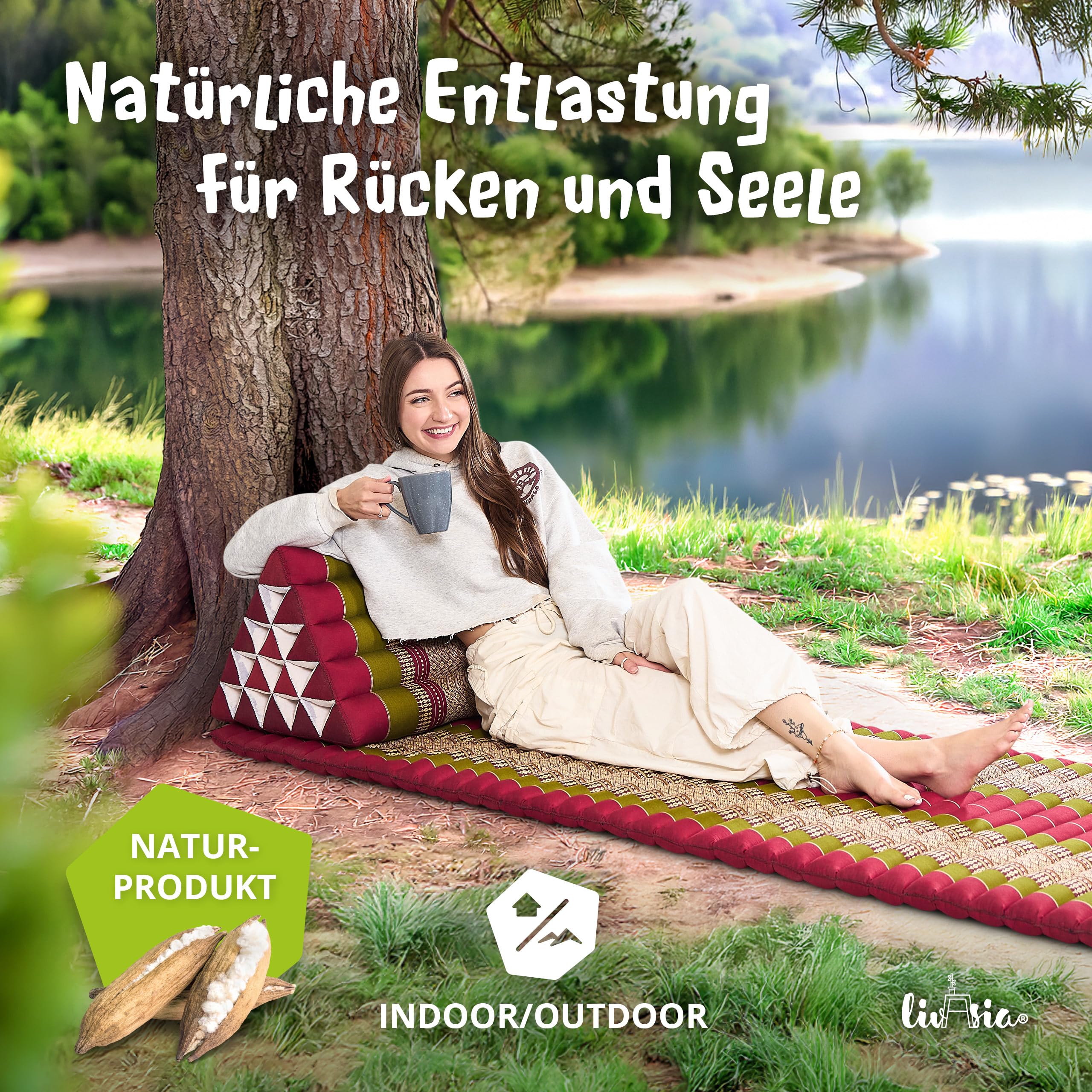 livasia Rückenstützkissen extrahoch - 38x55x35cm - Dreieckskissen für Garten und Balkon, Keilkissen mit Kapok, Lagerungskissen für Beine, handgefertigt, Meditationskissen (Rot/Grün)