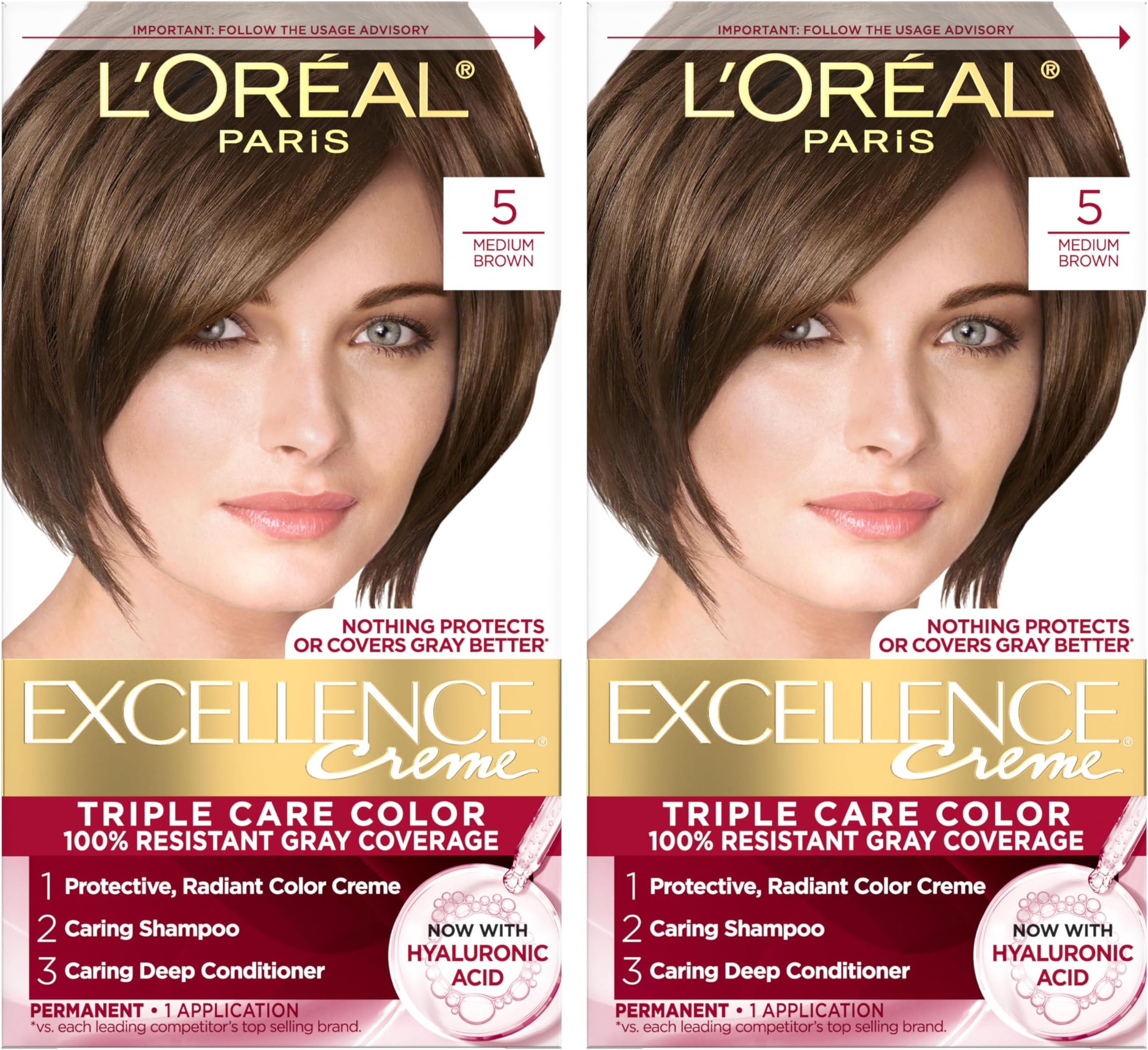 L’Oréal Paris L'Oreal Excellence Creme Permanent Hair Color, 5 Medium Brown, 100 percent Gray Coverage Hair Dye, Pack of 2