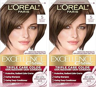 L'Oreal Paris Excellence Crème Permanent Hair Dye, Triple Care Hair Color with Pro-Keratine Complex for 100% Gray Hair Coverage, 5 Medium Brown, 1 Kit (Pack of 2)