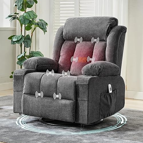 360° Swivel Rocker Recliner Chair with Heat and Massage, 3 Positions, USB Ports, Side Pockets, Cup Holders, for Living Room, Bedroom, Gray
