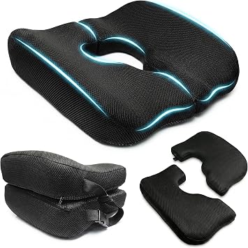 Dual-Piece Donut Pillow for Tailbone Pain, 100% Memory Foam Thick Bed Sore Cushion, T-Shaped Pressure Relief Pillows for Coccyx & Butt Black