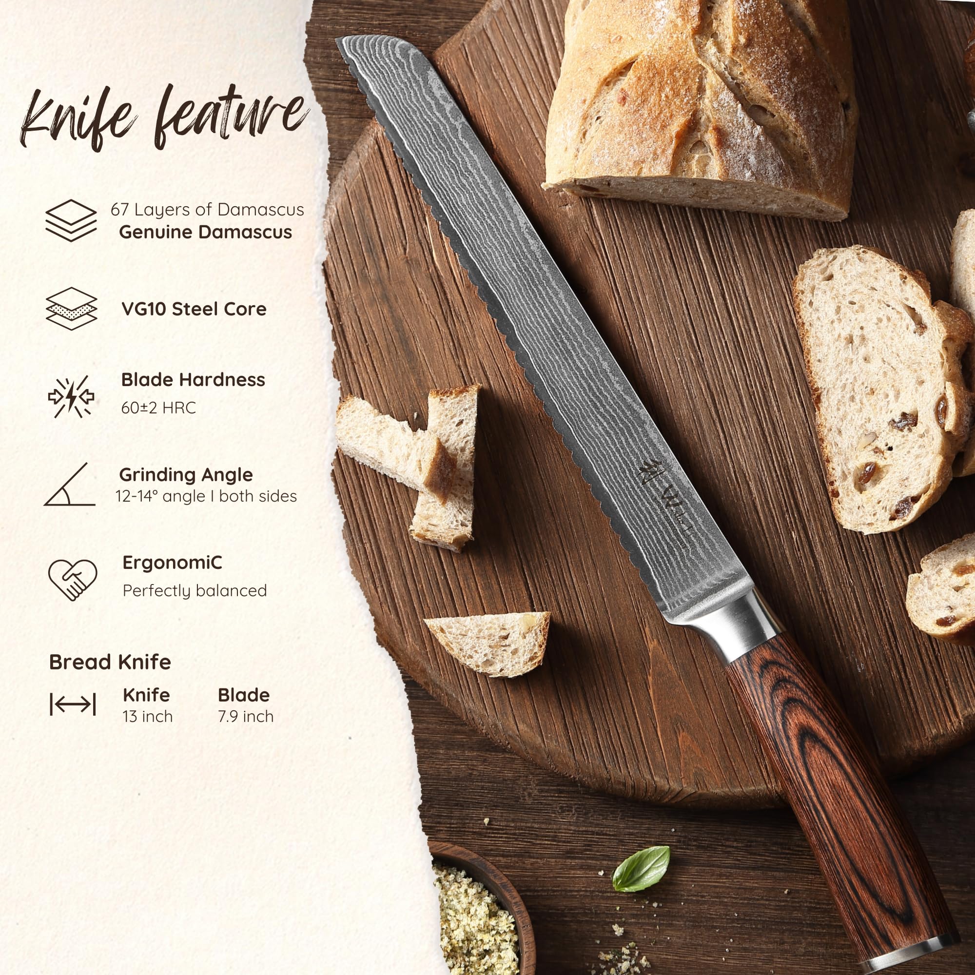 WAKOLI EDIB Couteau à Pain de Cuisine Professionnel en Damas, Dentelé 20 cm | 67 couches avec noyau VG10, manche en bois de pakka, pour baguettes, brioches et croûtes épaisses, coffret cadeau élégant