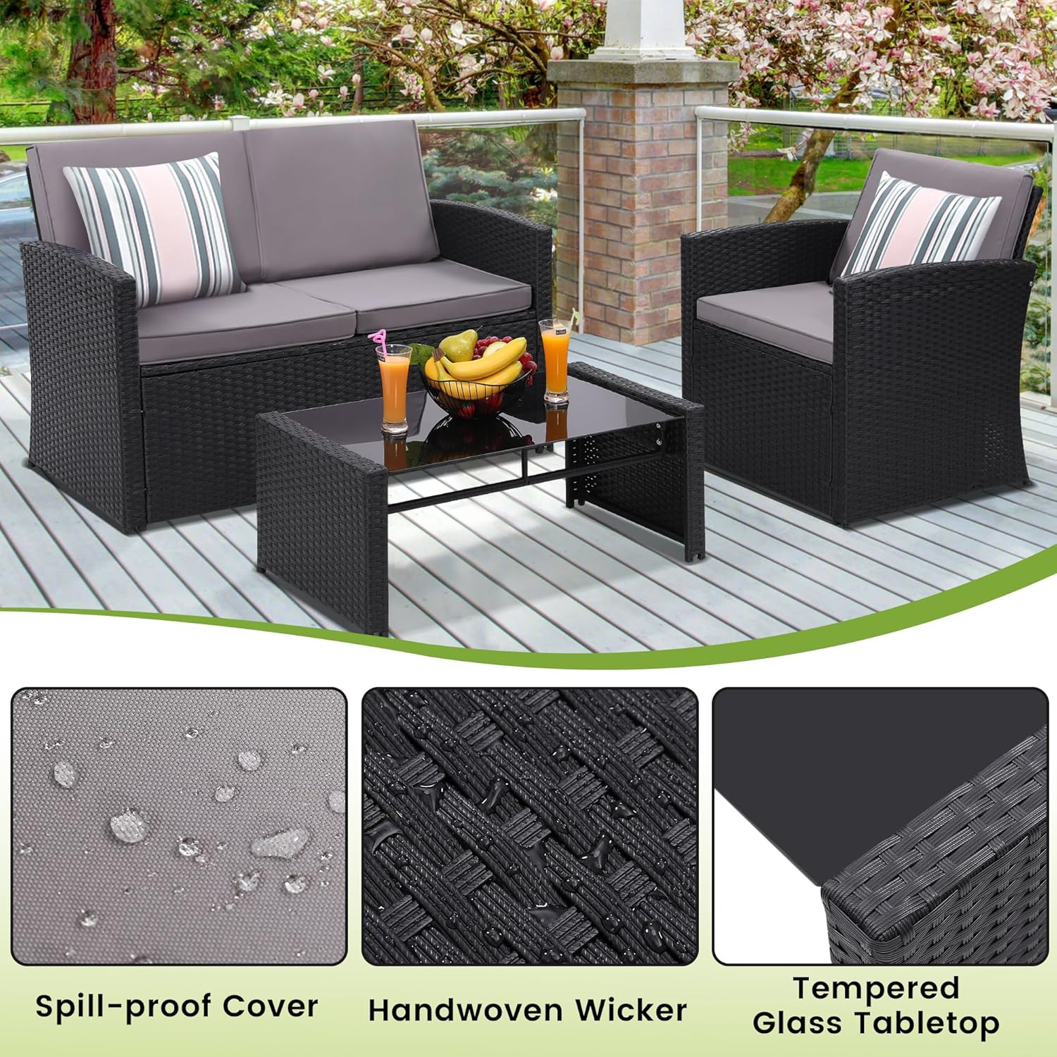 KROFEM 4-Piece Patio Furniture Set, Wicker Outdoor Rattan Sectional Sofa with Cushions and Glass Table, All-Weather Outdoor Conversation Set, Ideal for Garden, Porch, Backyard, Grey