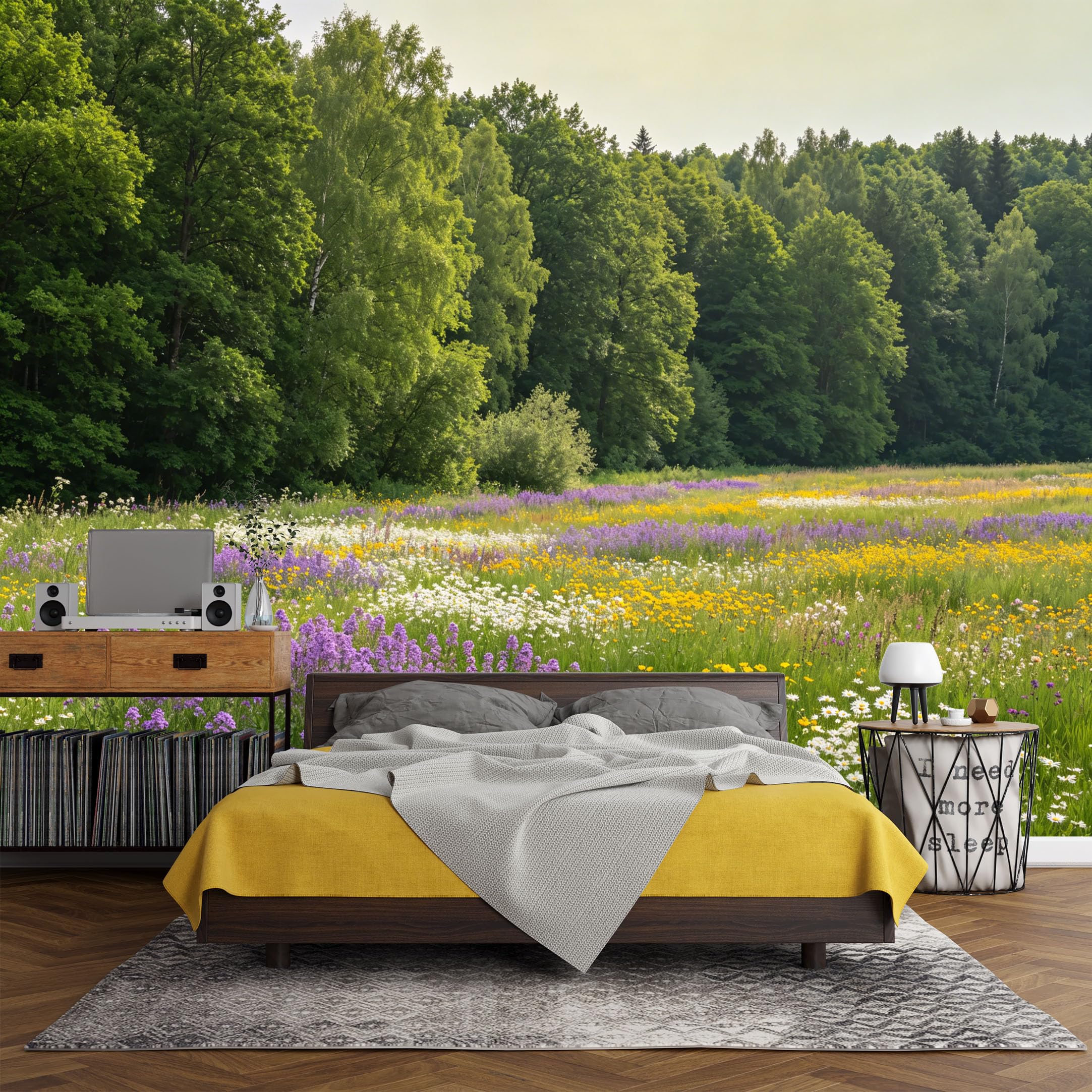 Custom Size Wall Mural， Botanical Wildflower Meadow Forest Landscape Nature Field Bloom，SelfAdhesive Art Prints wall Fabric (No PVC) Removable Wallpaper Living Room Decor