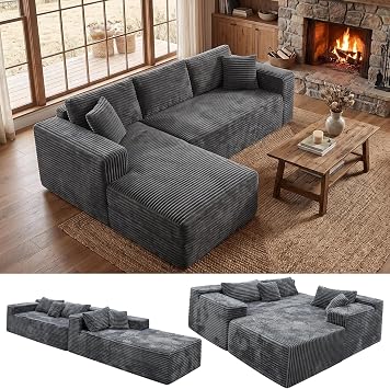 Boneless Modular Sectional Sofa, Left/Right-Facing Cloud Couch | Oversized deep seat, L-shaped design, soft corduroy fabric, ideal for living room, grey.
