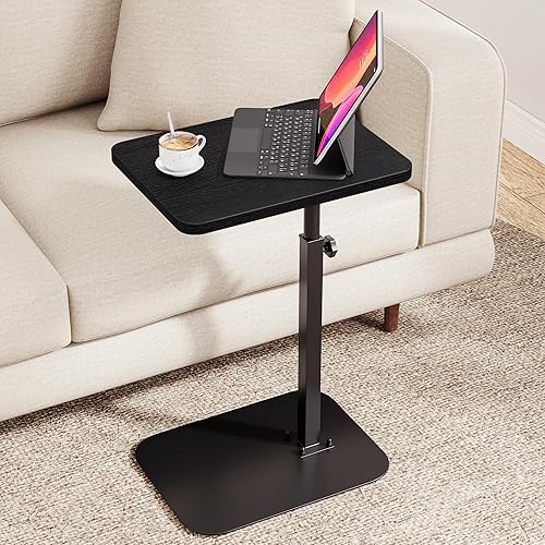 Miniatura 9 de ELYKEN Mesa con bandeja de TV, escritorio de sofá en forma de C, mesa auxiliar giratoria de 360° en altura ajustable, soporte para laptop para sofá