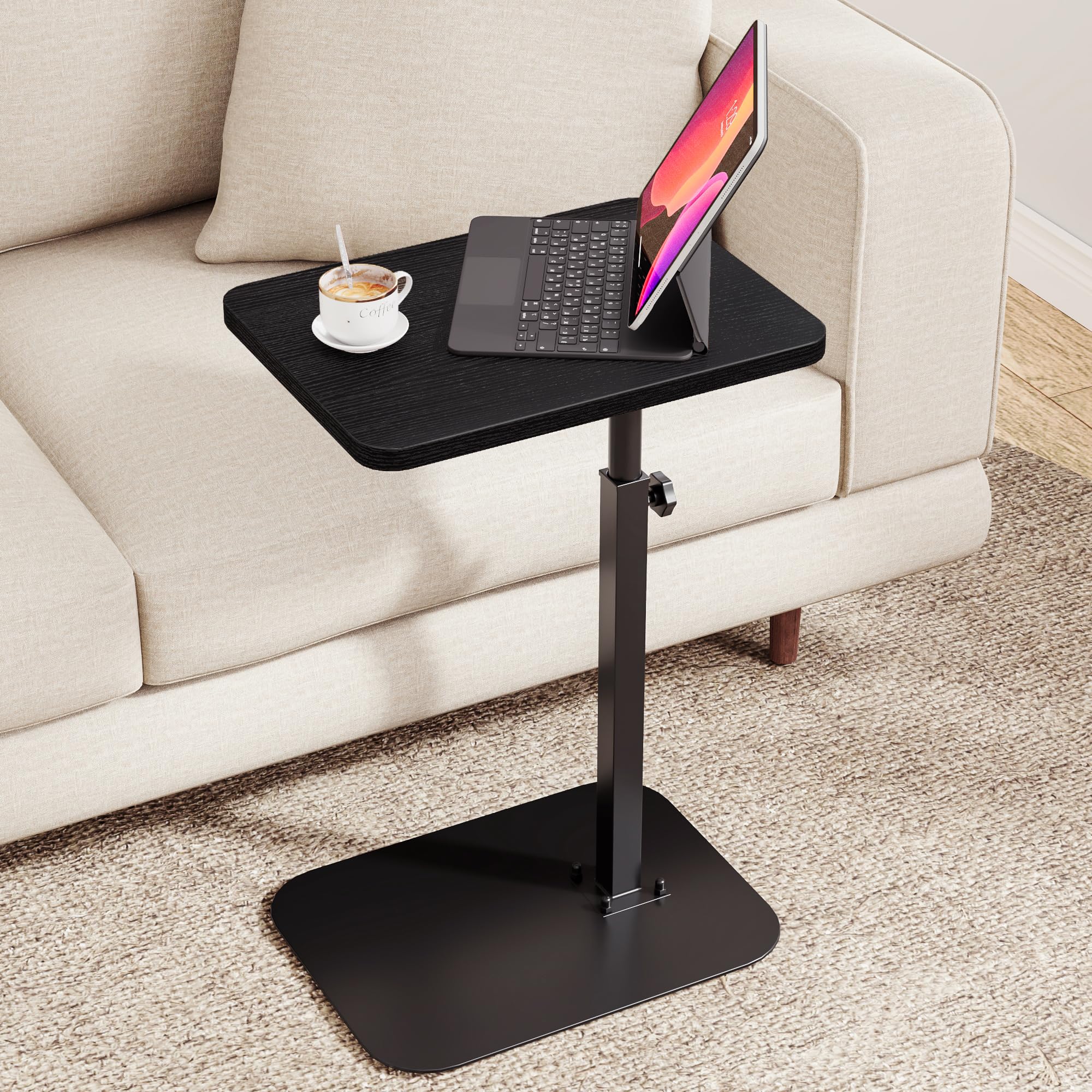 ELYKEN C Shaped Side Table, Height Adjustable Under Sofa Table, Black