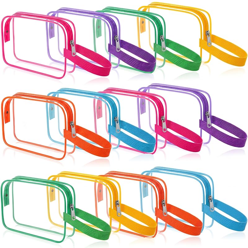 Silkfly Necessaire transparente de PVC com zíper e alça, multicolorida, Pacote com 12