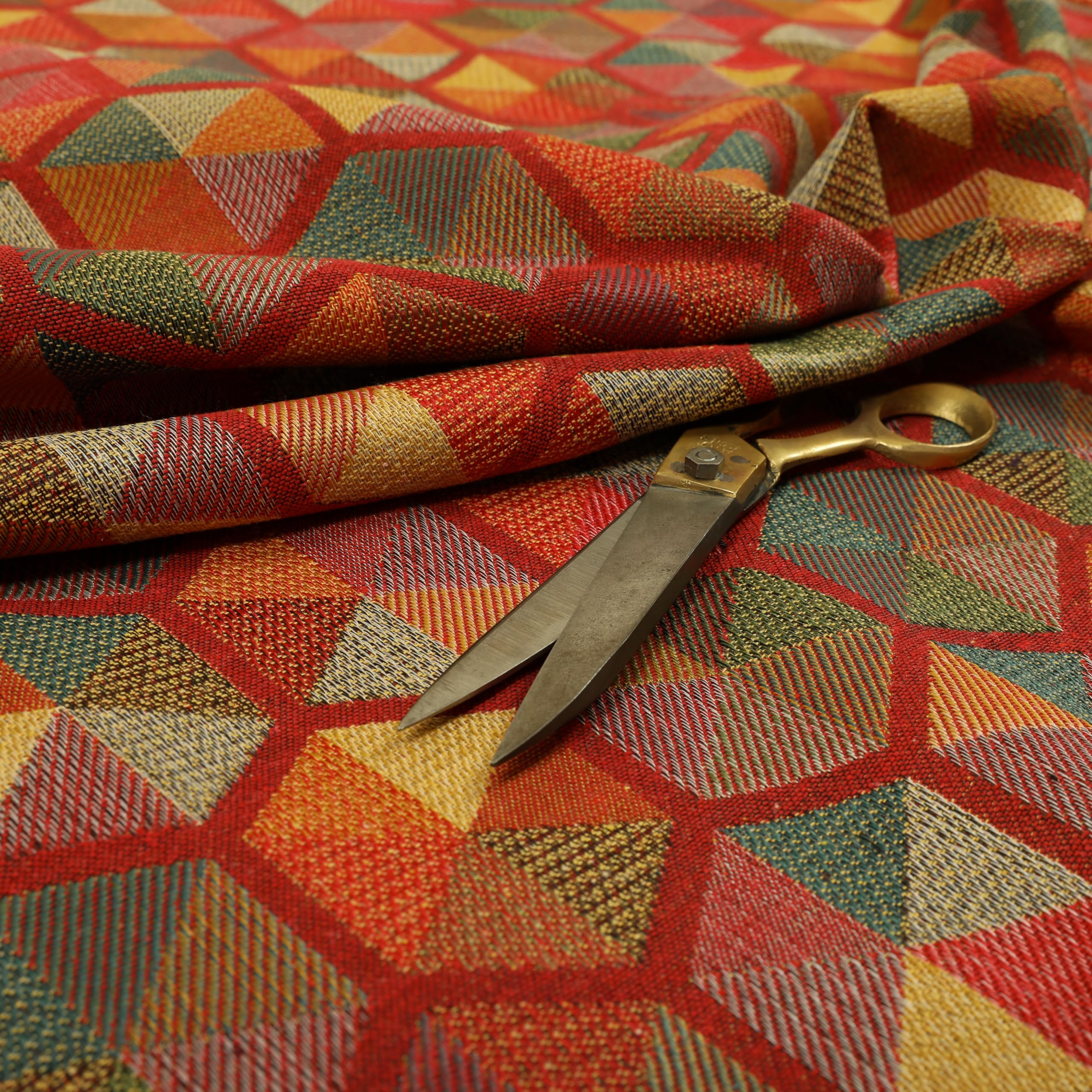 Redbrick Mill Fabrics Flame Retardant Red Multicolour Chenille Upholstery Curtain Fabric Geometric Hexagon Pattern (Per Metre)