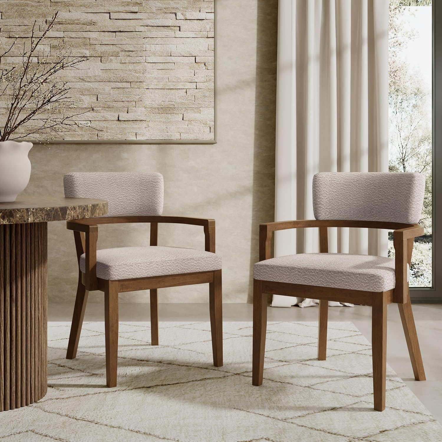 Christopher Knight Home Jarvan Boucle Upholstered Dining Chairs Set of 2, Mid Century Modern Kitchen Chair with Open Backrest and U-Shape Armrest, Wooden Living Room Chairs Set of 2, Khaki + Walnut
