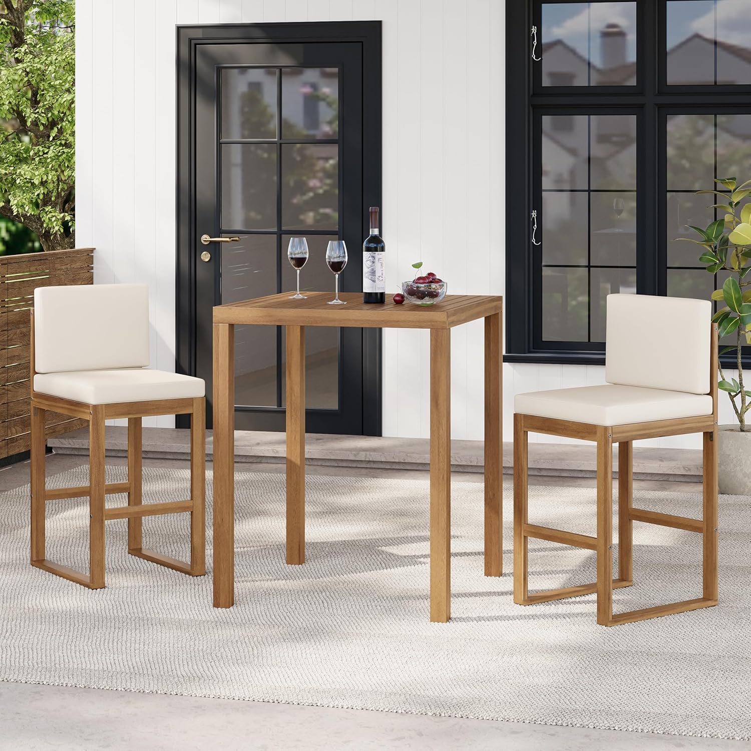 Christopher Knight Home Gree Acacia Wood Patio Bar Table and Chairs Set of 2, 3-Piece Wooden Outdoor Bar Set, Comfy Bar Stools Set of 2 with Bar Height Table, Light Beige+Light Brown