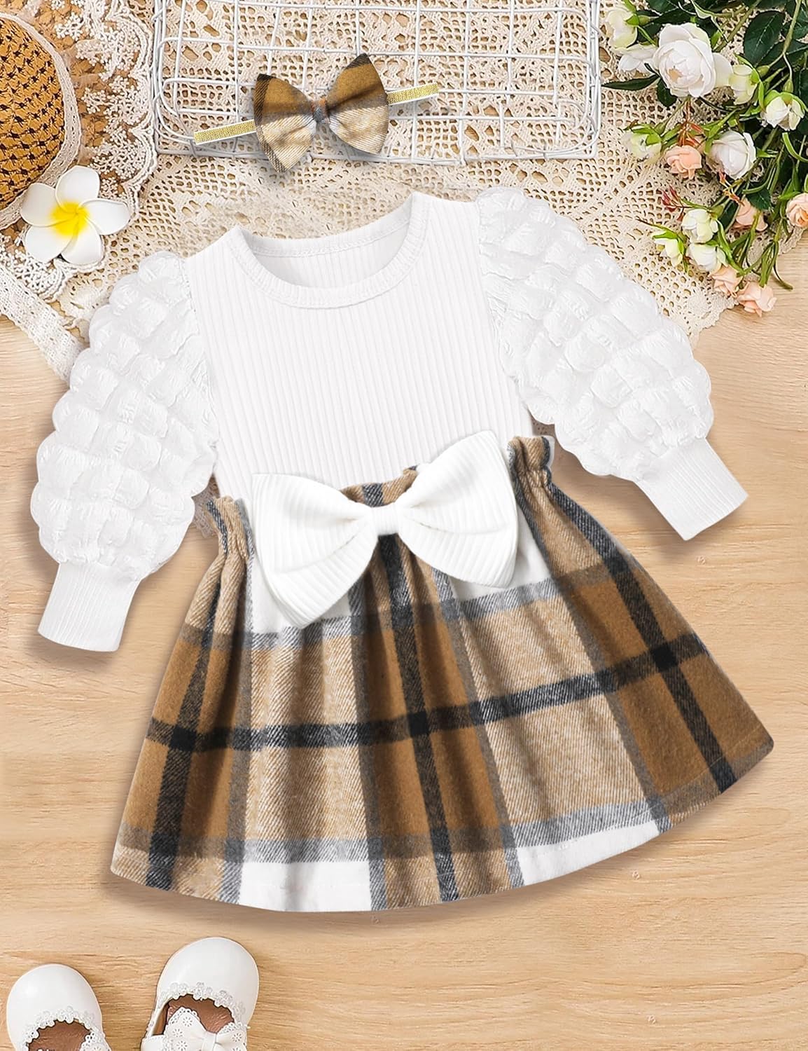 Qaoerde Baby Girl Dress Puff Sleeve Plaid Dress Ribbed Newborn Dress Clothes Fall Winter Outfits with Bowknot Headband - Image 4