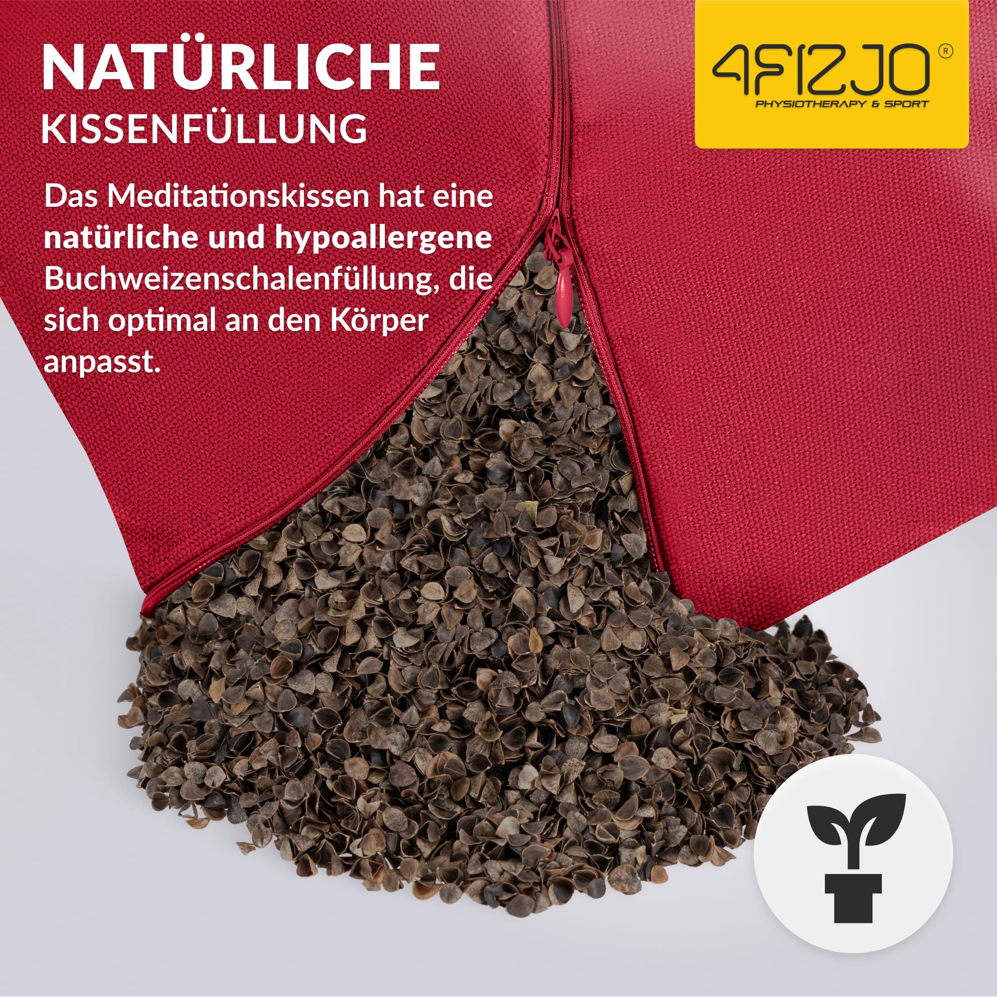 4FIZJO Meditationskissen Halbmond, Yogakissen in Halbmondform mit Buchweizen-Spelz Füllung, Sitzkissen, Rondokissen, Abnehmbarer Bezug aus Baumwolle, Abmessungen 40x30x12 cm, Pflegeleicht, Rot