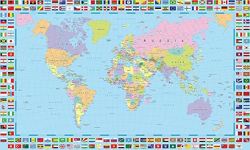 Póster de mapa del mundo con banderas de país, 48 x 24 pulgadas, banderas políticas de país, decoración del hogar, globo, Atlas, tierra, geografía