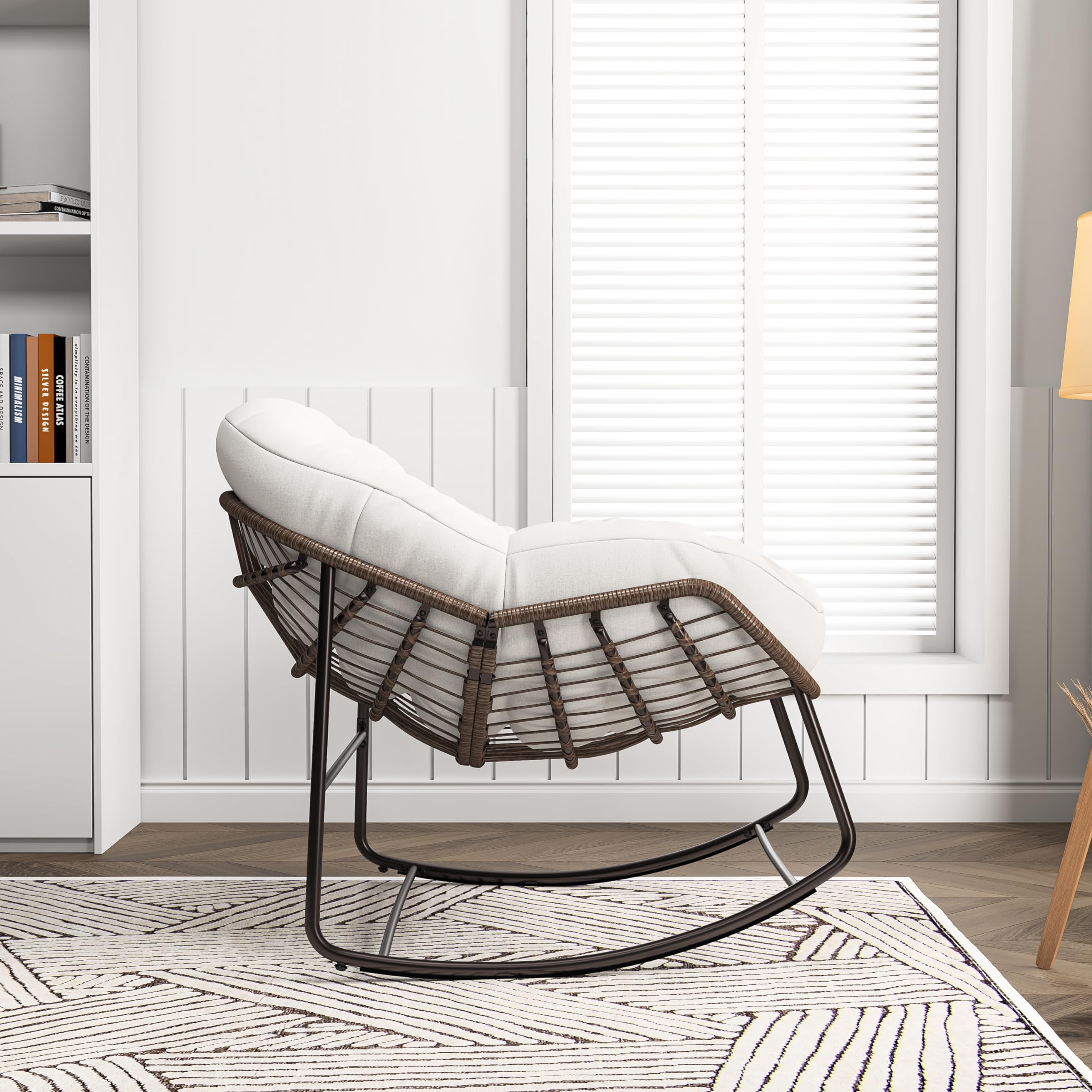 KeepGoon Mecedora de ratán para exteriores con acolchado, estilo escandinavo, silla de lactancia, silla de ocio, silla de ocio, tela impermeable, soporte de acero para salón, dormitorio, patio (beige)