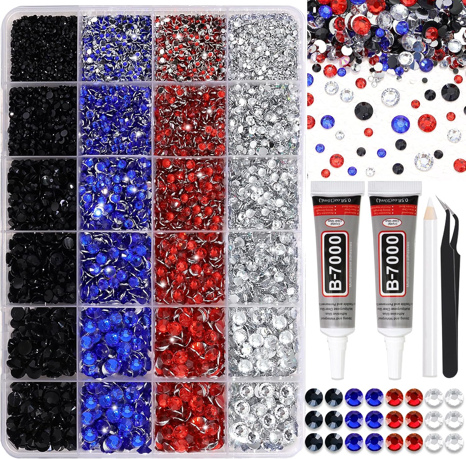 RODAKY Blue Red Rhinestone Flatback Resin Gems Mixed Size Resin Rhinestones for Bedazzling 4th of July Crystal Jewels Clear Black Gem Beads for Crafting Design Face Makeup Clothing