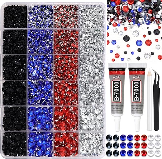 RODAKY Blue Red Rhinestone Flatback Resin Gems Mixed Size Resin Rhinestones for Bedazzling 4th of July Crystal Jewels Clear Black Gem Beads for Crafting Design Face Makeup Clothing