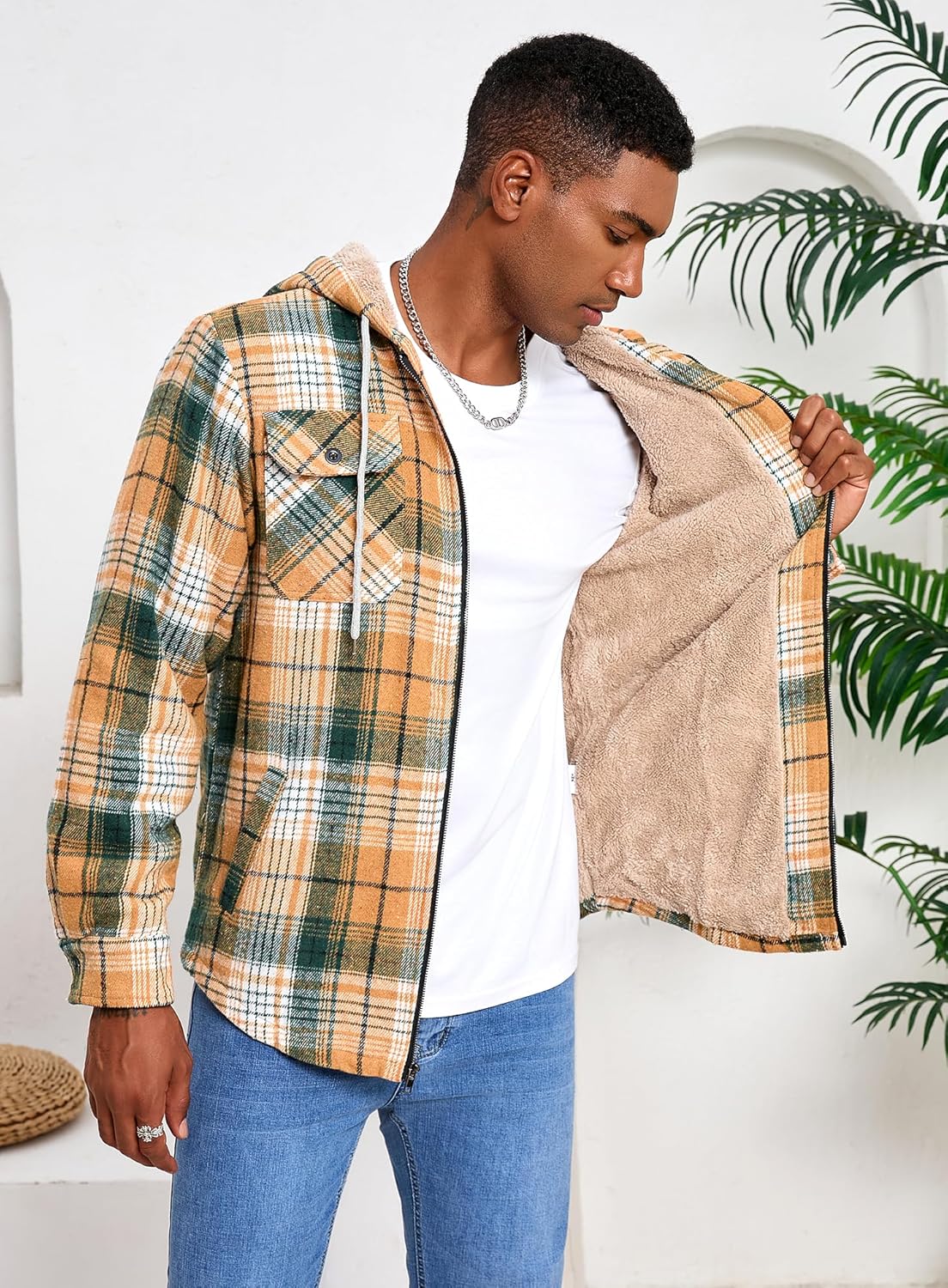 Men's Zip Up Flannel Shirt Jacket Fleece Lined Long Sleeve Plaid Coat Heavyweight Hoodie with Hood - Image 3