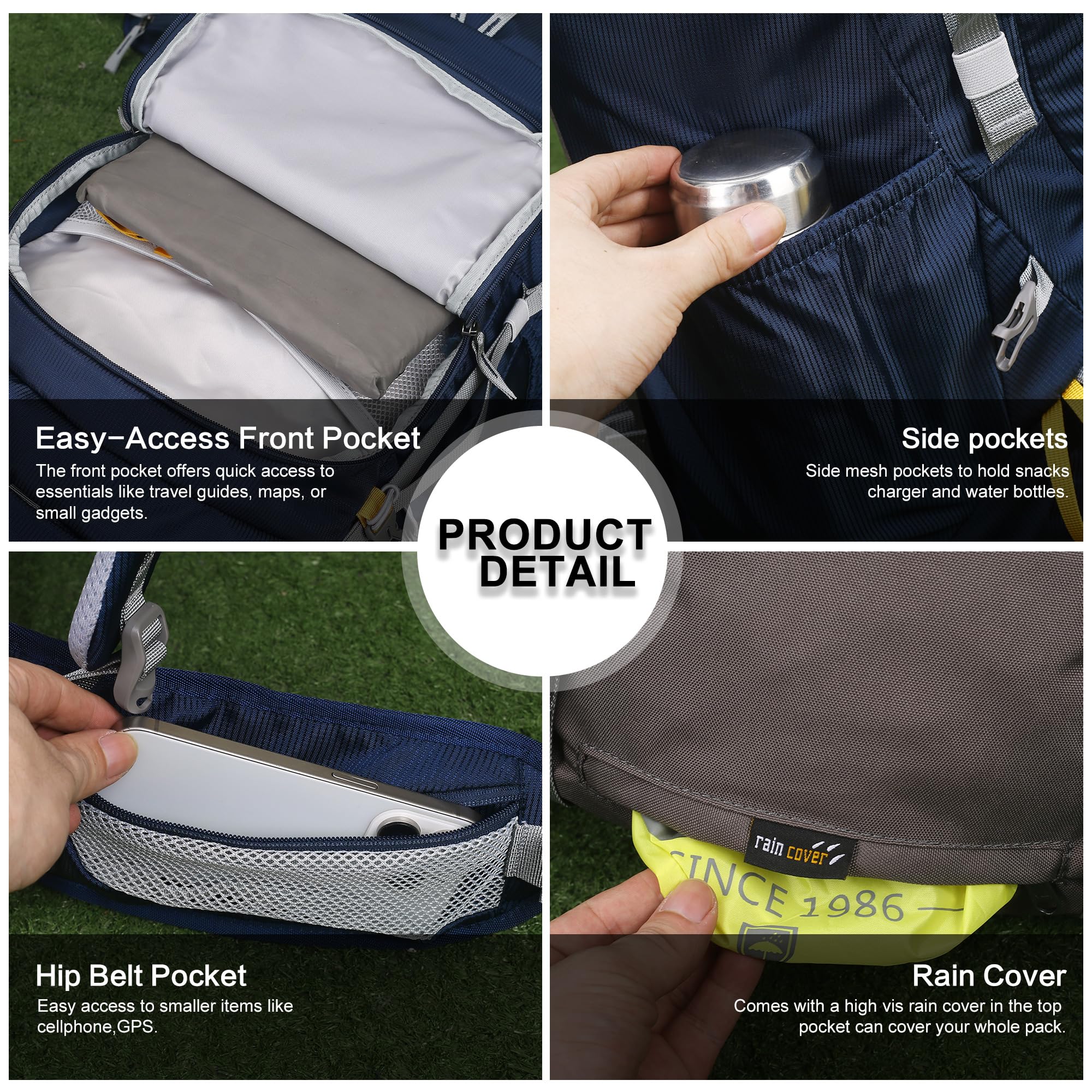 Mountaintop Sac à dos de trekking 60 l - Pour homme et femme - Grand sac à dos avec protection contre la pluie - Pour l'extérieur, les voyages, le camping, le trekking