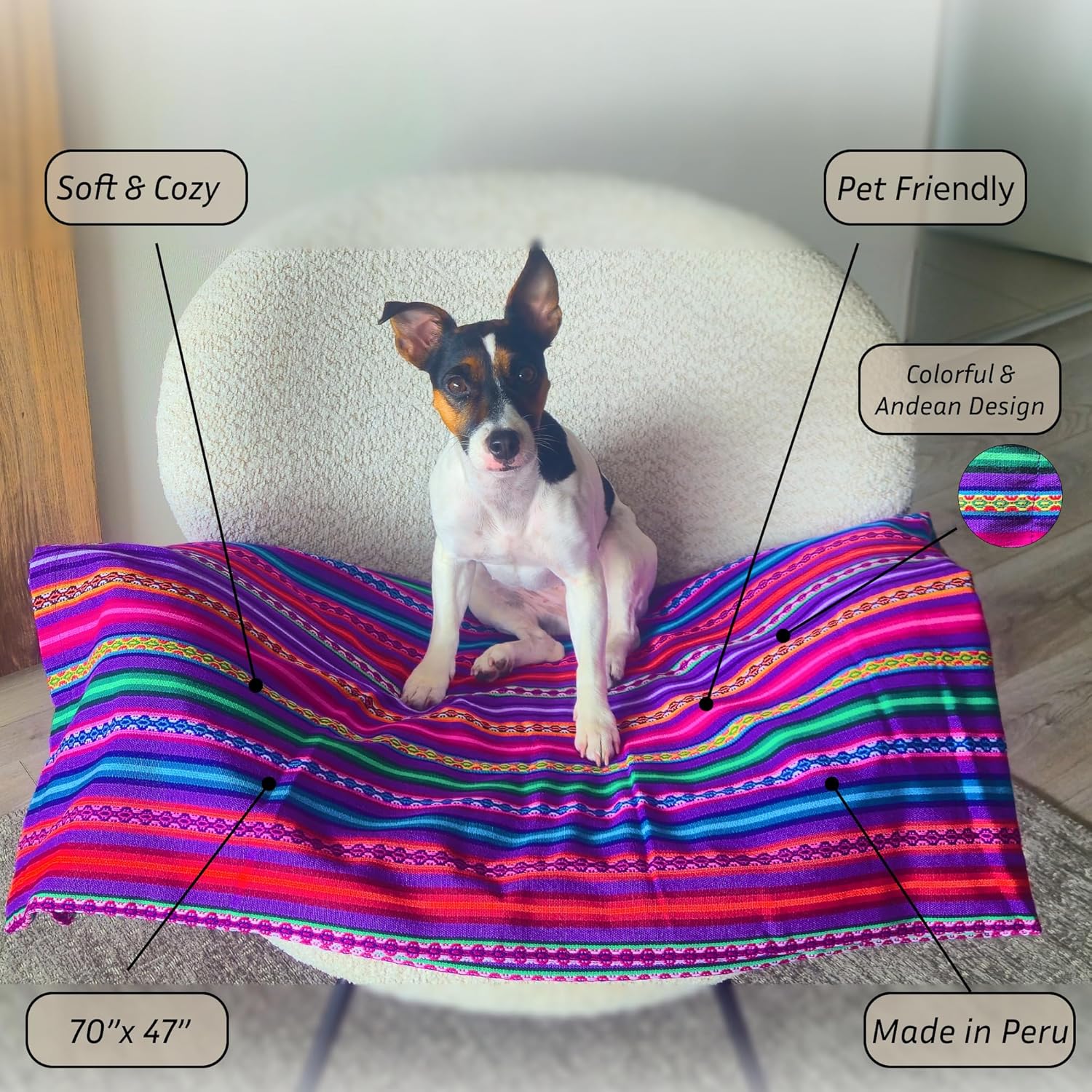 Lucio Fabrics Unique Native Peruvian Throw - Vibrant Colors Lightweight Durable - Home,Yoga, Beach,Camping,Picnic,Outdoor Activities Thin Blanket 70'' x 47'' (Purple Festive Rainbow)