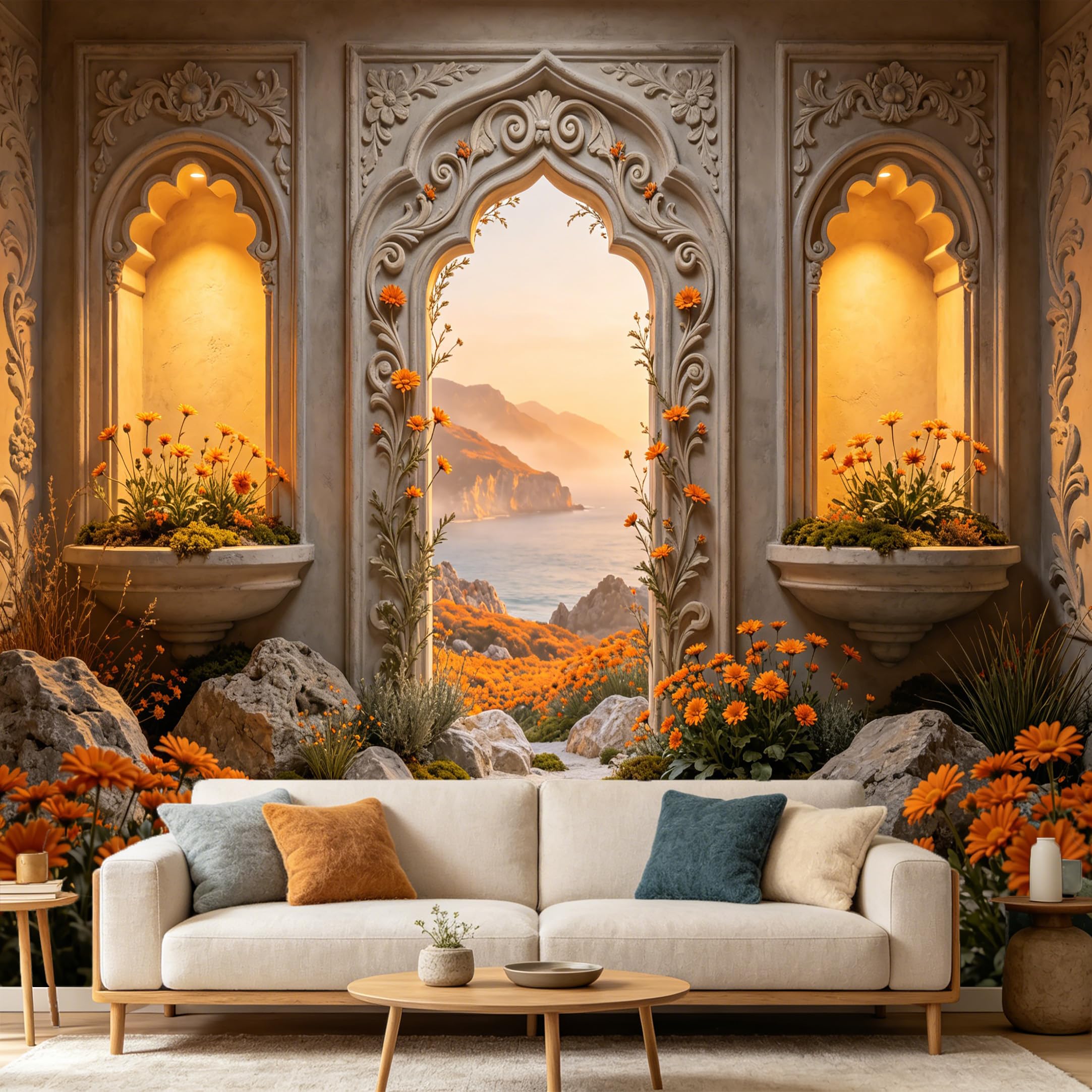 Custom Size Wall Mural， Mediterranean Arch Coastal Ocean View Flowers 3D Trompe L'Oeil， SelfAdhesive Art Prints wall Fabric Removable Large Wallpaper Home Living Room Decor