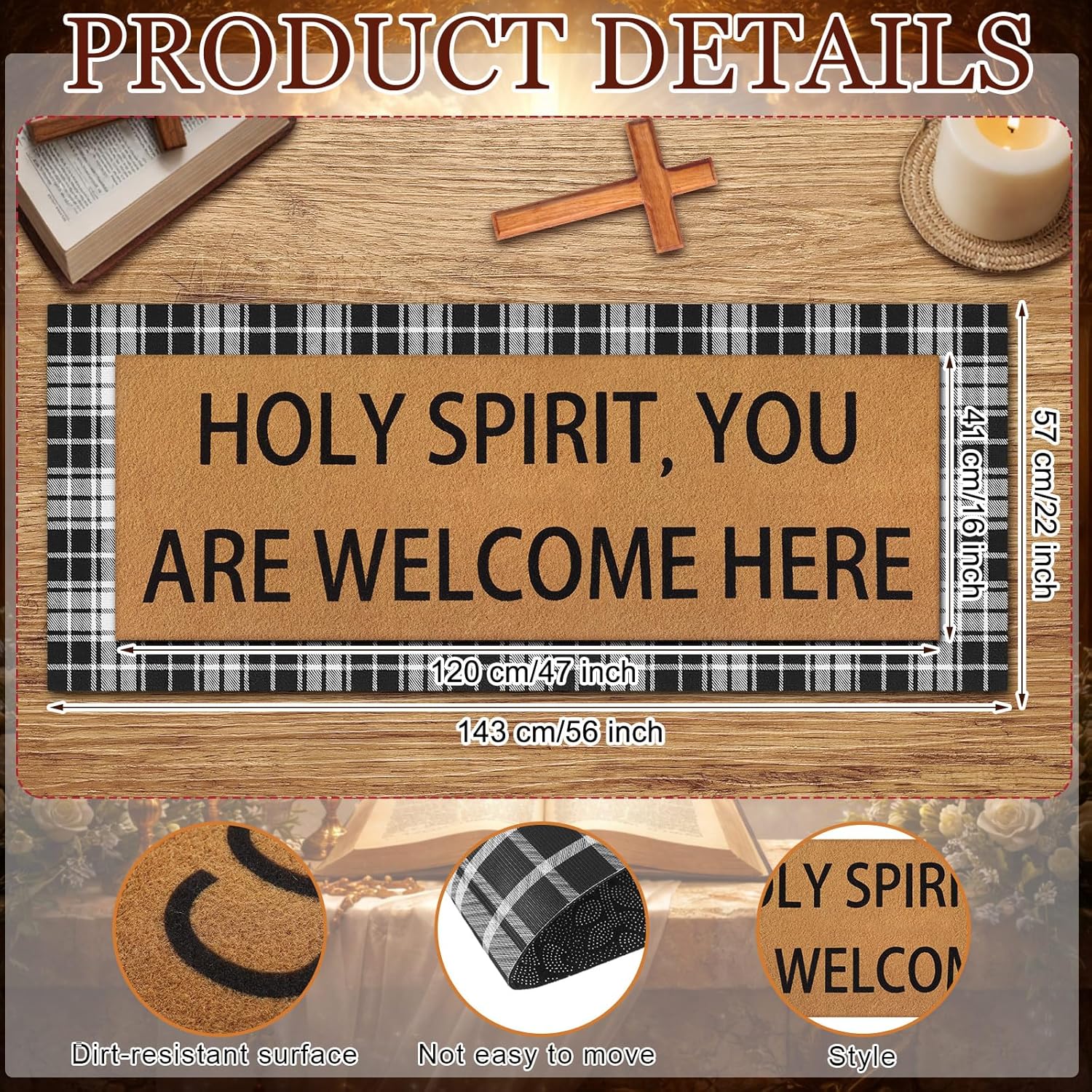 Tinideya 2 Pcs Long Christian Layered Outdoor Welcome Doormat 47"x17" Plaid Layering Rug with Holy Spirit You are Welcome Here Bible Verse Non Slip Door Mats for Front Porch Entryway Home Decor