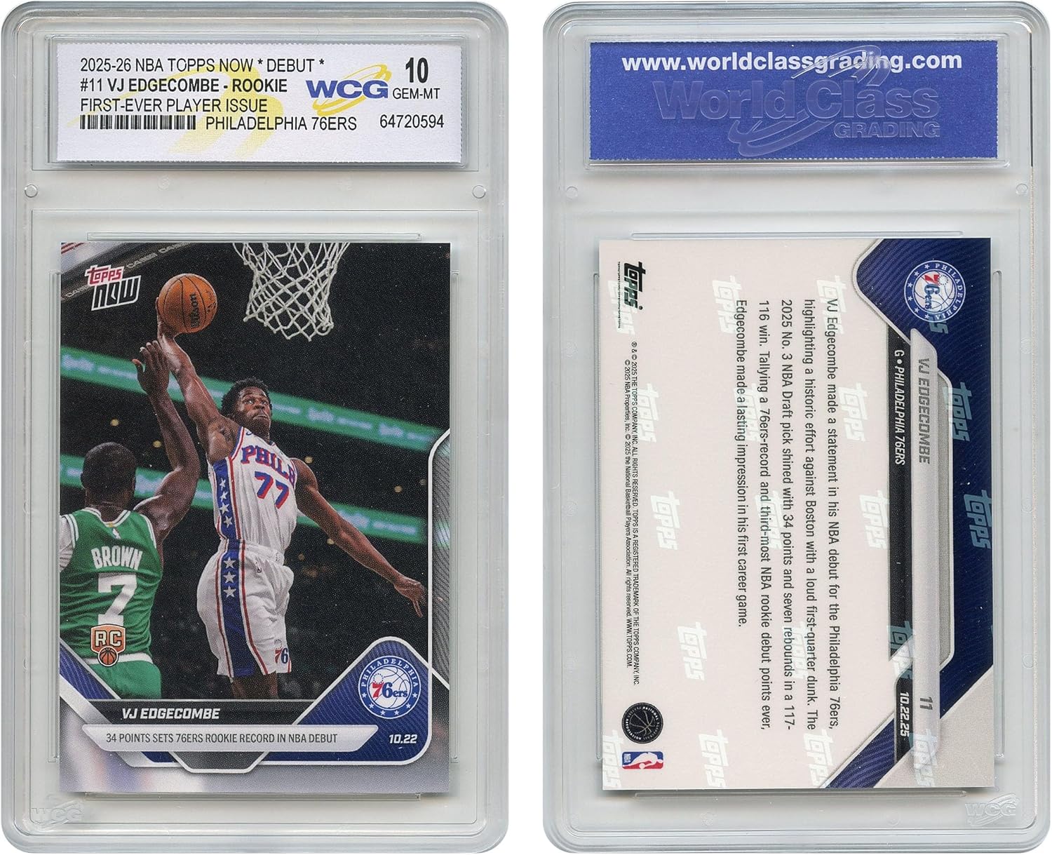 2025-26 NBA Topps Now Debut VJ EDGECOMBE 1st Issue NBA Topps Now Rookie Card RC #11 Philadelpia 76ers - Graded GEM-Mint 10