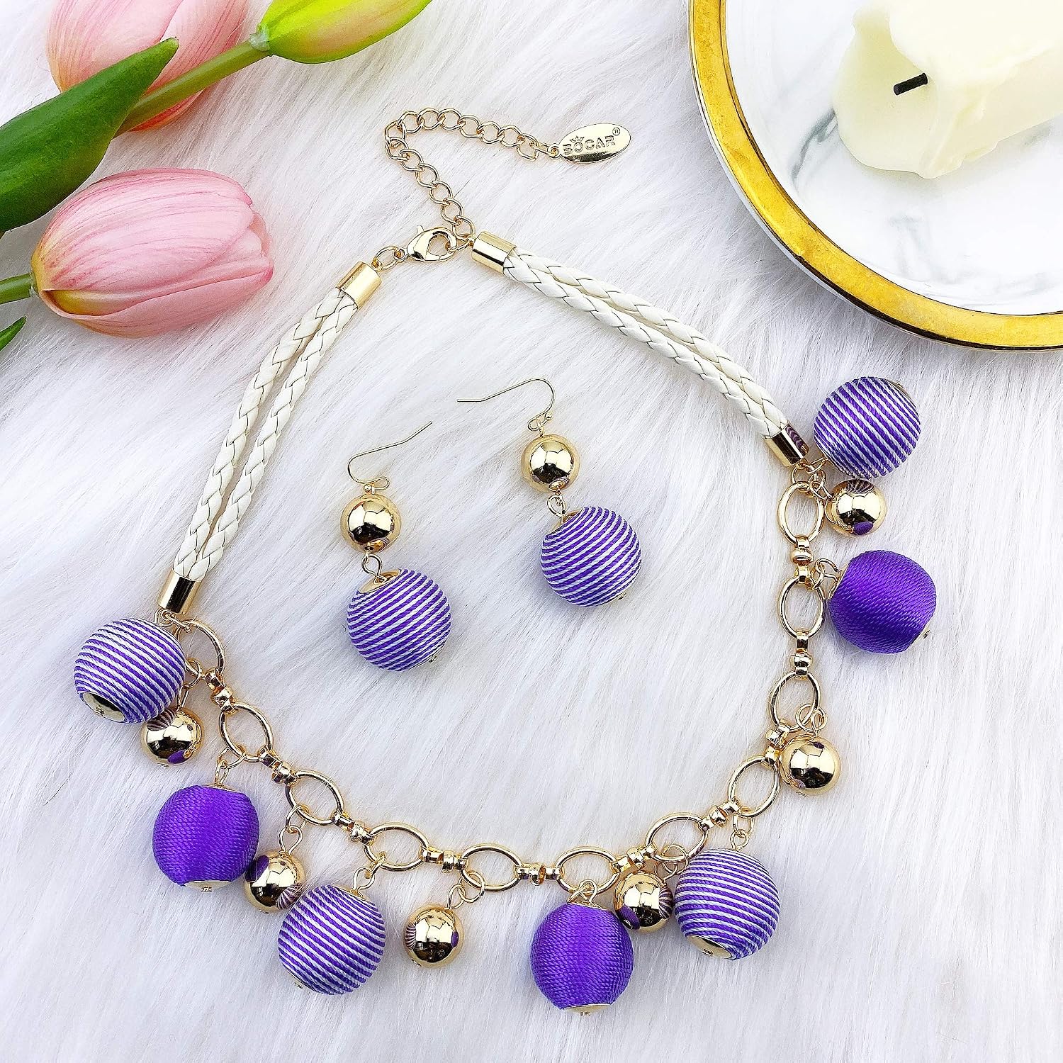 Bocar Fashion Collar Necklace with Thread Ball Pendant Necklace for Women (NK-10491-purple+white) - Image 4
