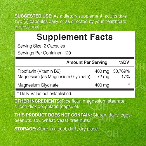 Miniatura 2 de Oferta suplemento Vitamina B2 400 mg (riboflavina) | con glicinato de magnesio 400 mg, 240 cápsulas - 2 en 1 apoya el sistema nervioso saludable,