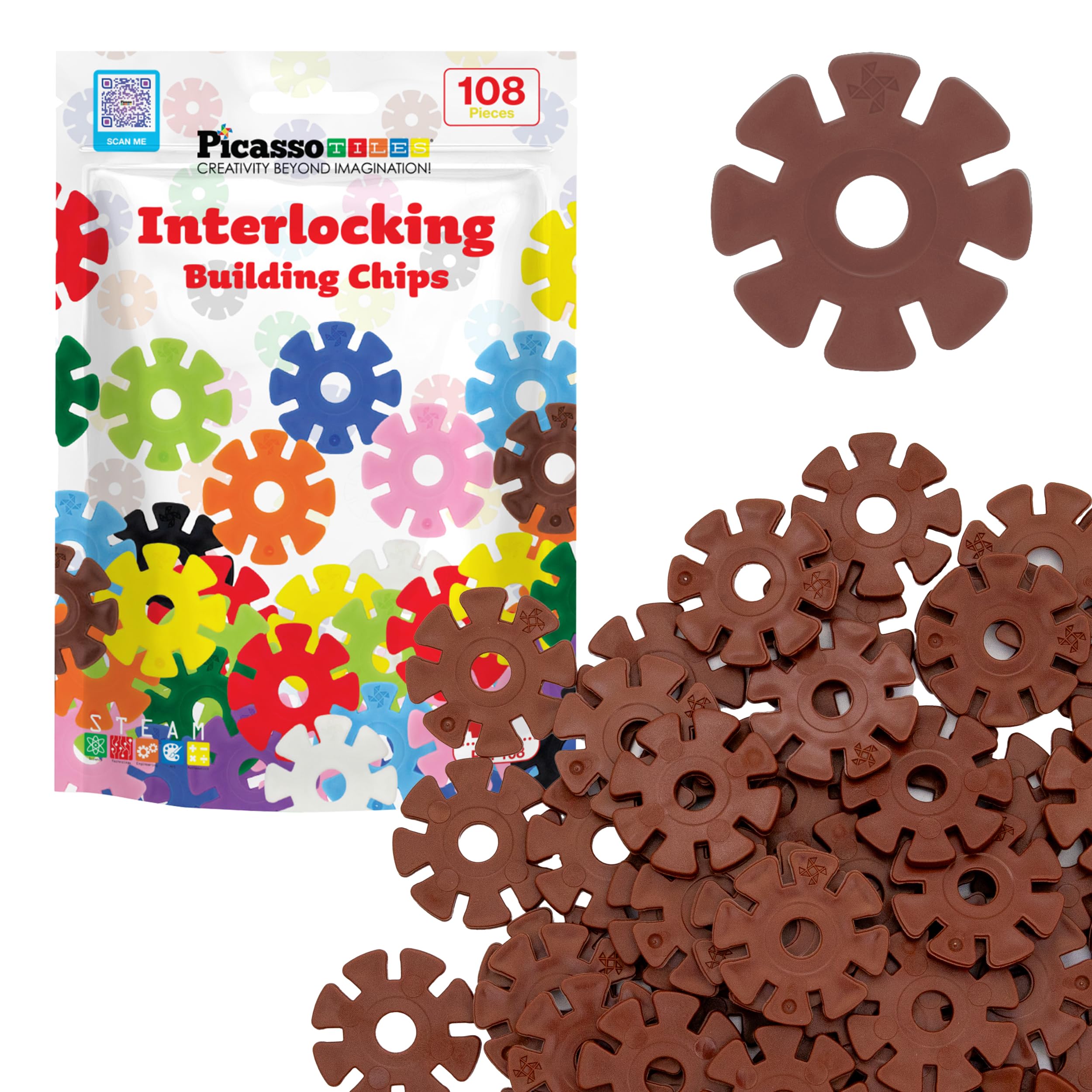 PicassoTiles Building Chip Interlocking Disc Construction Blocks in Brown Color STEM Learning Early Education Toy Engineering Playset Child Brain Development for Toddlers Girls Boys Kids Age 3+ PTF108