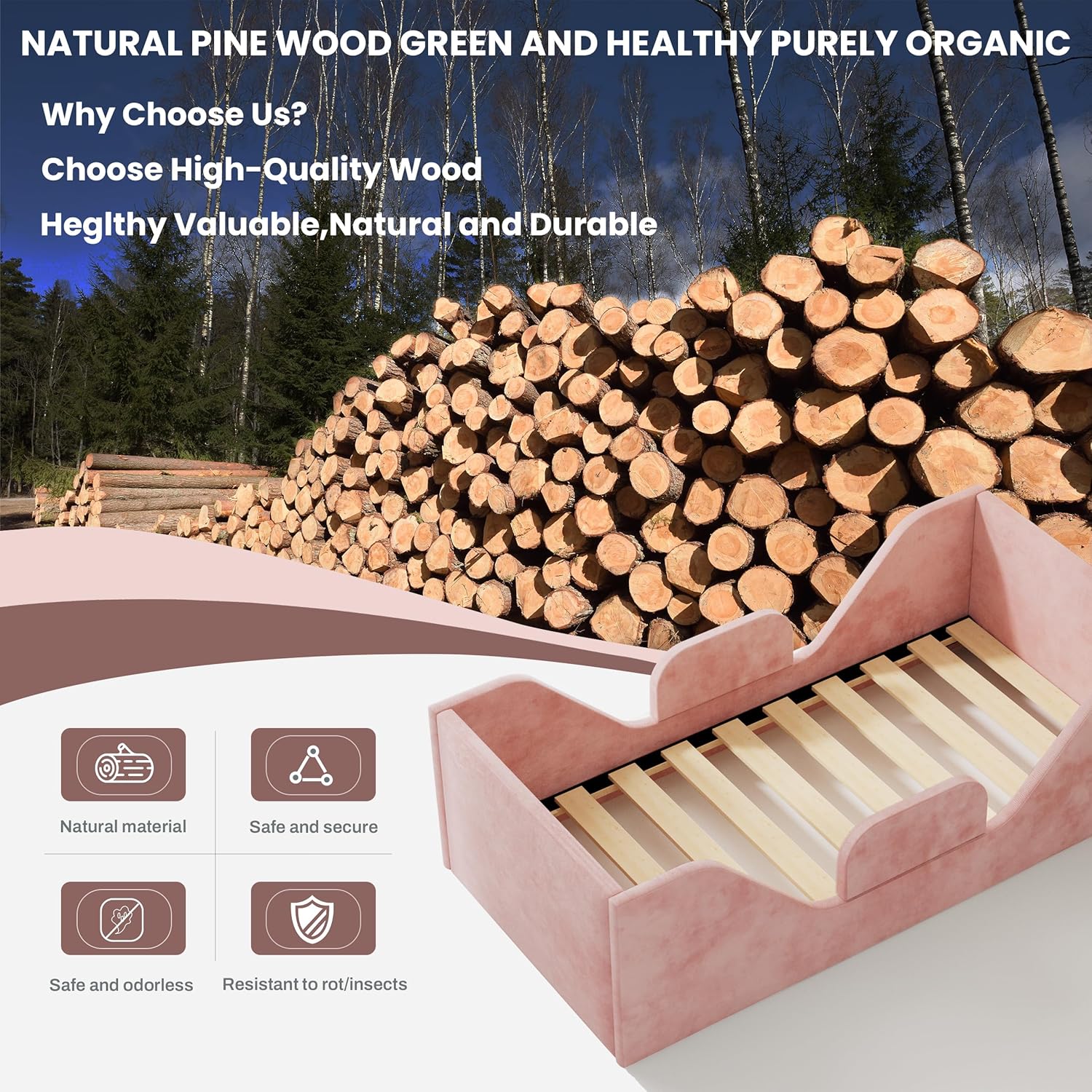 Toddler Bed, Toddler Floor Bed Frame with Guard Rails, Small Bed for Kids Boys and Girls Aged 2-6 Years, Standard Crib Mattress Toddler Beds, Certified Fabric Toddler Beds(Big Pink)