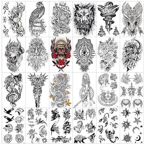 Aresvns Tatuaje temporal de media manga para hombres y mujeres, tatuajes falsos realistas impermeables para adultos, incluyendo flores, dragón,