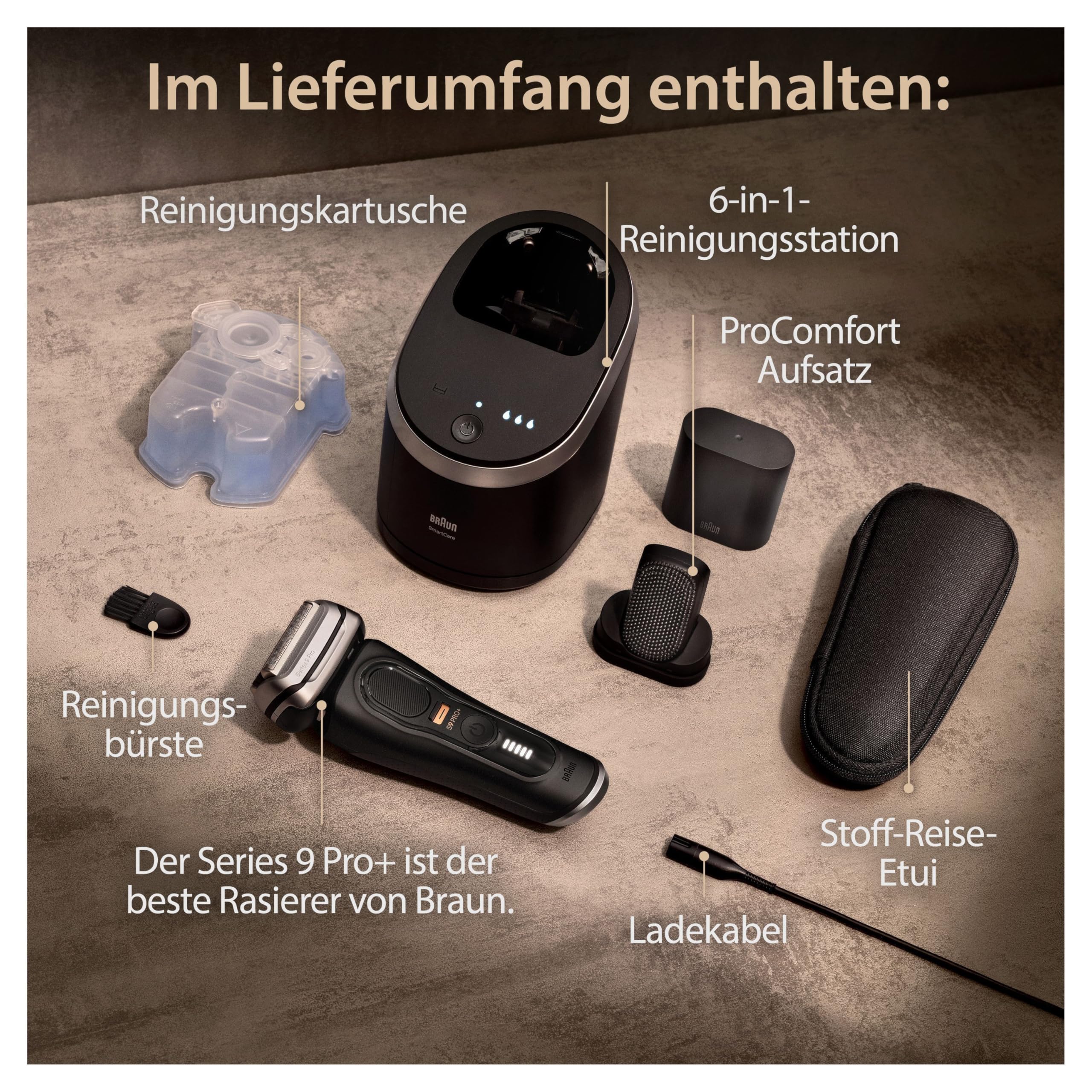 Braun Series 9 Pro+ Rasierer Herren Elektrisch, Elektrorasierer mit 5 Pro Rasierelementen, ProComfort Aufsatz, 2-in-1-System, Reinigungsstation, 60 Min Laufzeit, Made in Germany, 9590cc, Schwarz