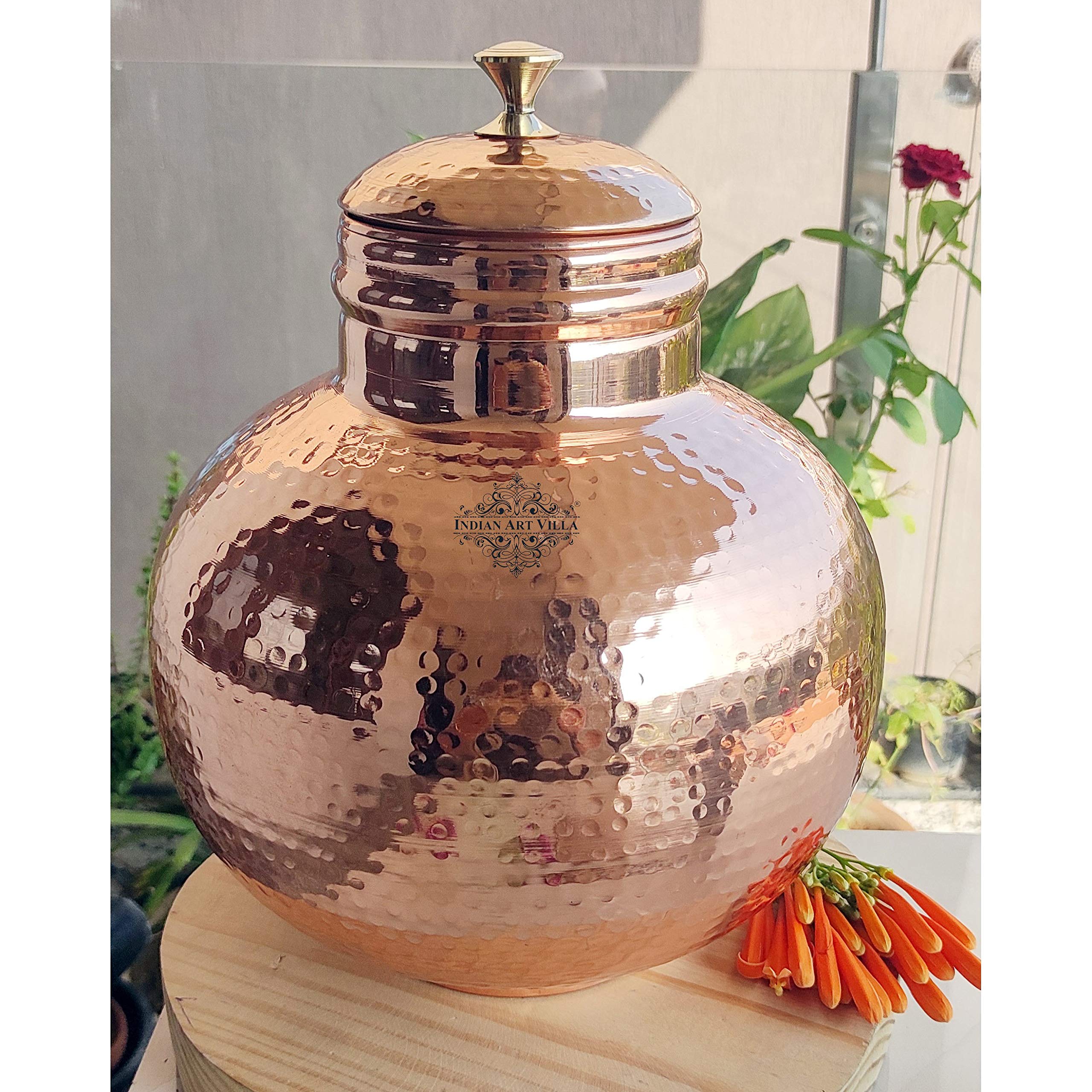 Indian Art Villa Pure Copper Hammered Design Matka/Pot with Lid & Brass Knob On Top, Drinkware & Storage Purpose, Volume- 7200 ML