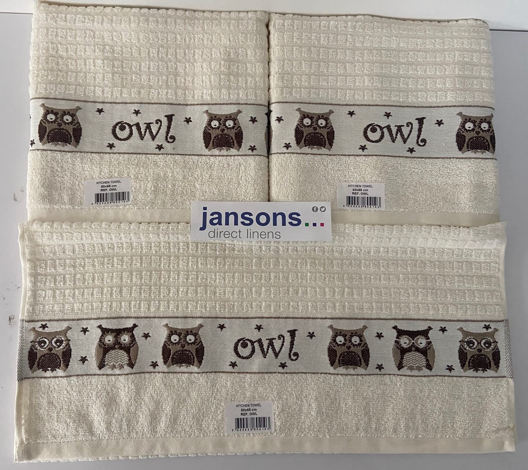 100% Cotton 3 Pack Owl Design Kitchen Hand Tea Towels in Cream Riggs