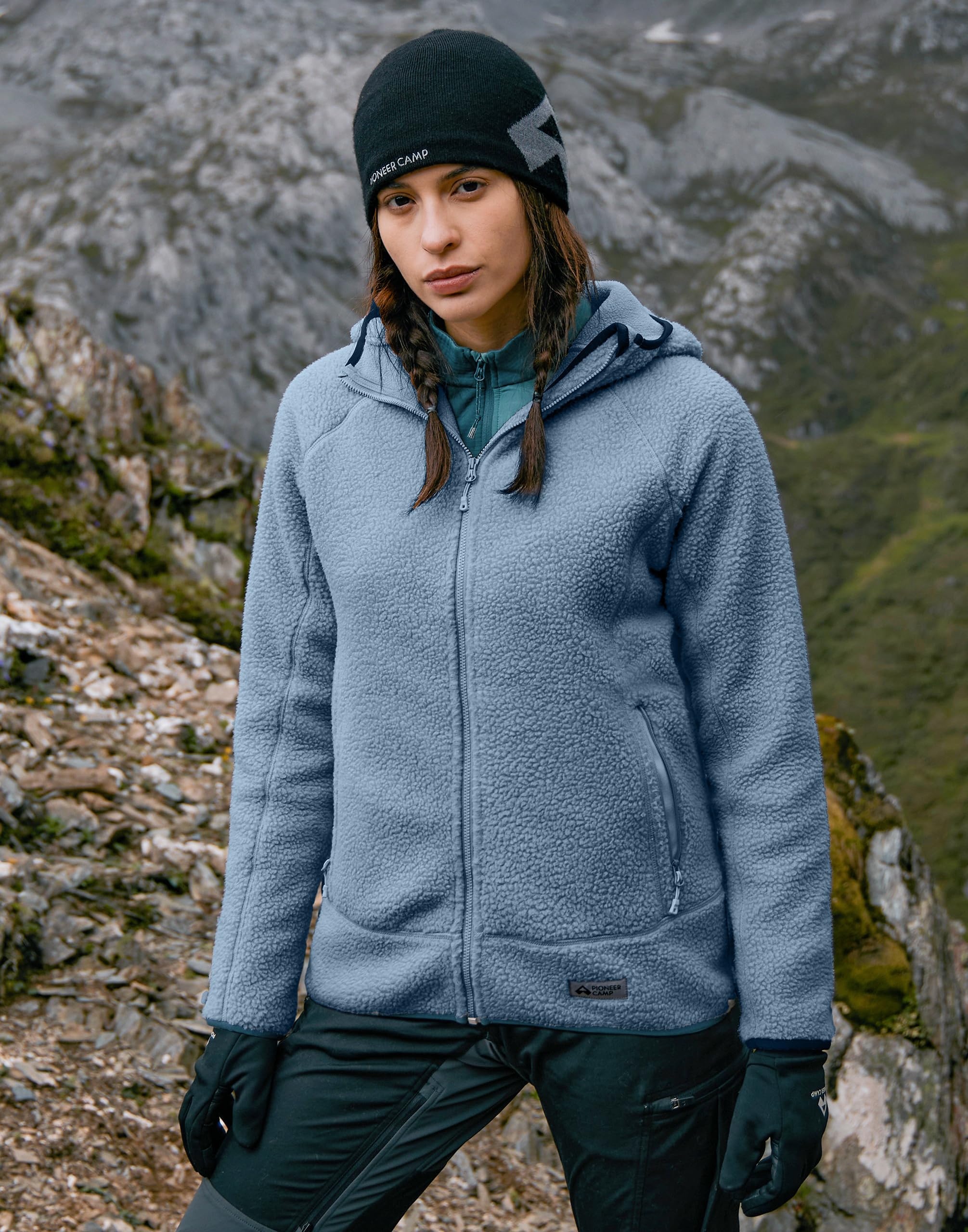 Pioneer Camp Damen Outdoor Fleecejacke mit Kapuze, Dreifach Isoliert, Seitentaschen, Dehnbarer Saum für Wandern, Camping