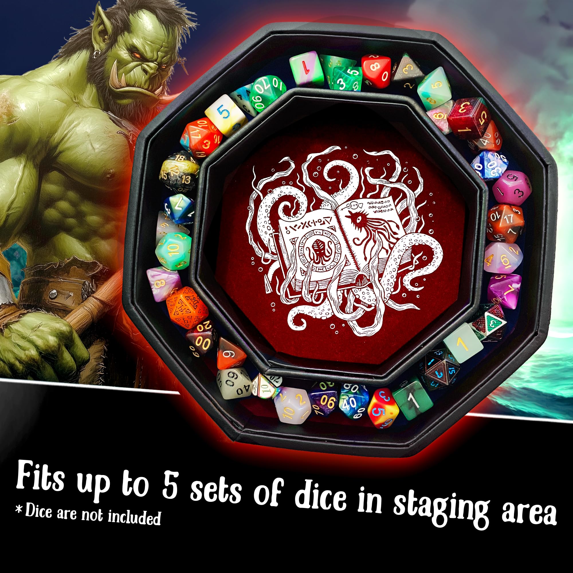 Fantasydice-Cthulhu Tome-RED- Dice Storage and Rolling Tray - 20CM Octagon with Lid and Dice Staging Area- Holds 5 Sets(7 Dice Set/Standard) for All Tabletop RPGs