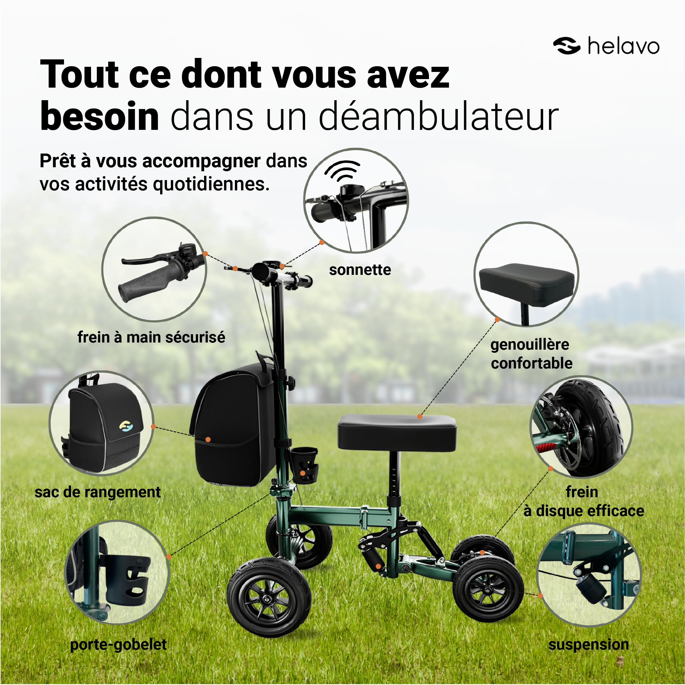 Helavo Trottinette à genoux avec pneus en caoutchouc massif anti-crevaison – Trottinette pliable pour blessures à la cheville, au pied ou au bas de la jambe, Knee Rover
