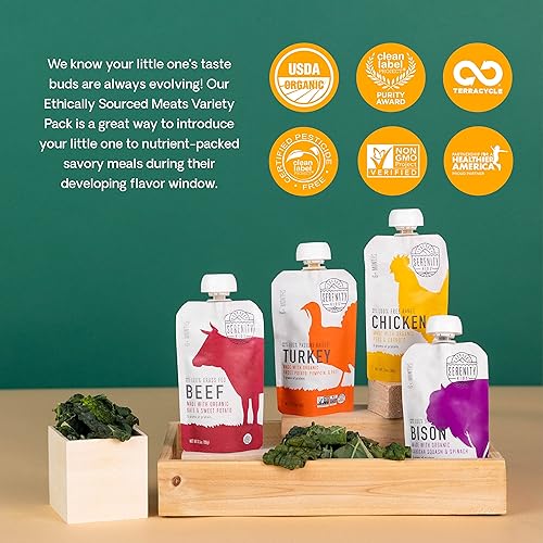 Vista 123 de Serenity Kids Bolsas de alimentos para bebés de más de 6 meses hechas con carnes de origen ético y verduras orgánicas, bolsa sin BPA de 3.5 onzas